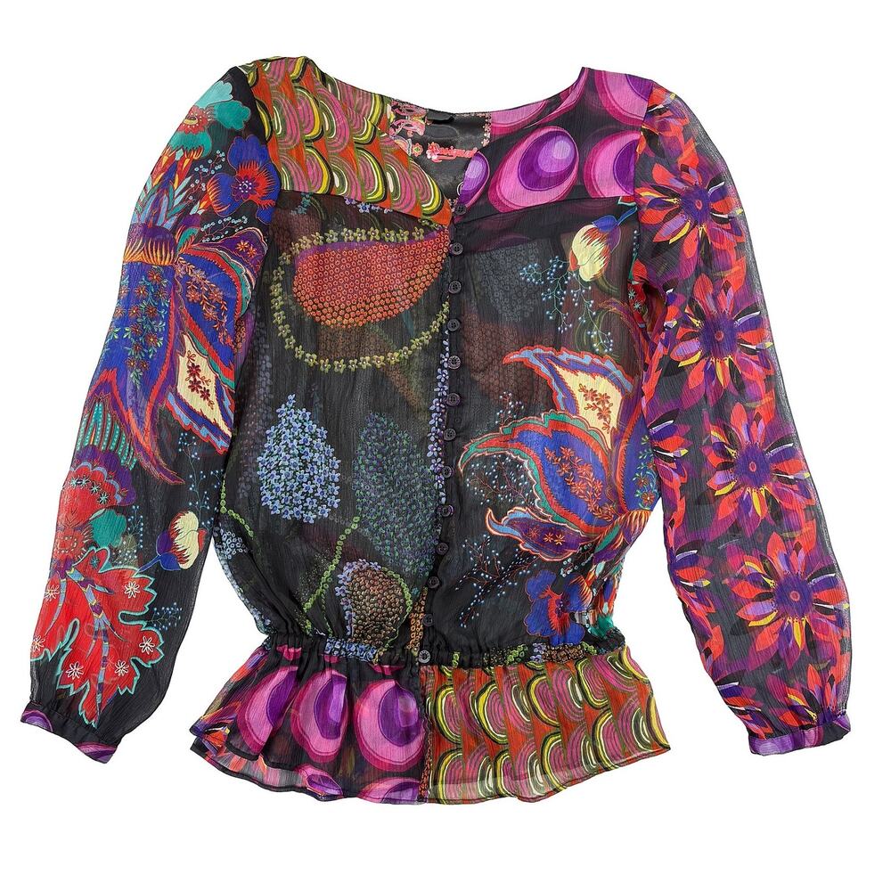 Desigual Sheer Peplum Blouse Womens M Multicolor Abstract Patchwork Artwear Y2K
